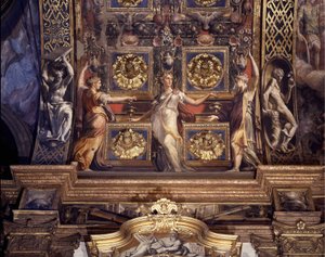 Tři z pěti bláznivých panen. Detail fresek od Francesca Mazzoly (1503-1540) známých jako The Parmigianino (Parmezán), které zdobí hlavní klenbu hlavní kaple kostela Madonna della Steccata v Parmě. od Parmigianino