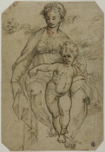 Panna a dítě (recto); Náčrt tří svatých a náčrt karikatur (verze) od Parmigianino