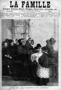 Chléb benit, rytý z roku 1888 podle obrazu od Dagnana-Bouvereta. Obálka novin z roku 1888 „La famille“. od Pascal Adolphe Jean Dagnan Bouveret