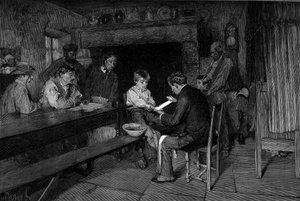 Nehoda (1879): lékař léčí zranění mladého rolníka. Rytina podle obrazu Pascala Dagnana-Bouvereta (Dagnan Bouveret) (1852-1929). V „The Illustrous World““ č. 1208 z 22. května od Pascal Adolphe Jean Dagnan Bouveret