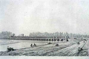 Most Allah Verdi Khan, v Isfahánu, z „Voyage Pittoresque“ z Persie, vyrytý Claudem Sauvageotem (1832-85), nakladatelství Lemercier, Paříž od Pascal Xavier (after) Coste