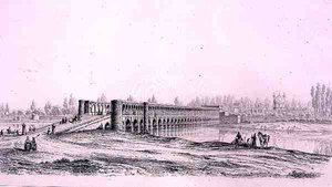 Most Allah Verdi Khan, v Isfahánu, z „Voyage Pittoresque“ z Persie, vyrytý Claudem Sauvageotem (1832-85), vydal Lemercier, Paříž od Pascal Xavier (after) Coste