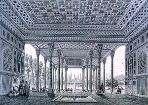 Pohled do interiéru Zrcadlového pavilonu, Isfahán, deska 35 z knihy "Moderní památky Persie", rytina Claude Sauvageot (1832-85) a Jean Charles Huguet od Pascal Xavier (after) Coste