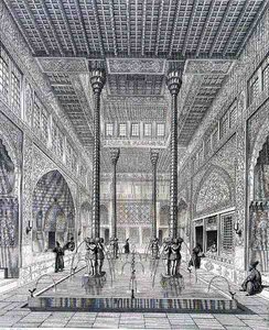 Interiér paláce Chahar Bagh, v Isfahánu, z „Pittoresque Voyage“ z Persie, vyrytý Claudem Sauvageotem (1832-85) a Jeanem Charlesem Huguetem (nar. 1815), vydavatelství Lemercier, Paříž