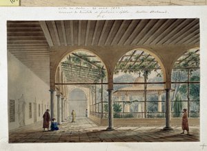 Orientalismus: dervišský klášter a fontána. Kresba Pascala Coste (1787-1879)