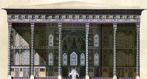 Pavilon Chehel Situn, neboli „40 sloupů“, Isfahán, deska 42-43 z „Moderní památky Persie“, vyryl A. Levie