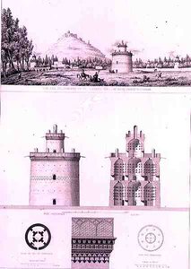 Pohled a podrobnosti o holubníku v Isfahánu z „Voyage Pittoresque“ z Persie, vyrytý Claudem Sauvageotem (1832-85), vydal Lemercier, Paříž