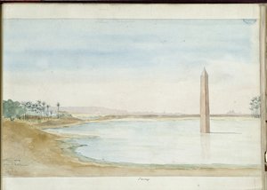 Pohled na Nil a obelisk Sesostris I v Heliopolis, Egypt. Akvarel od Pascala Coste (1787-1879). Městská knihovna v Marseille