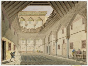 Pohled na vnitřek karavansail, domov Azira Osmana Agha. Akvarel od Pascala Coste (1787-1879) Muzeum středomořské archeologie, Marseille