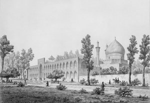 Madrasa-yi Masjid-i Shah Sultan Hussein, v Isfahánu, z „Voyage Pittoresque“ z Persie, vyrytý Claudem Sauvageotem (1832-85), vydal Lemercier, Paříž, 1856