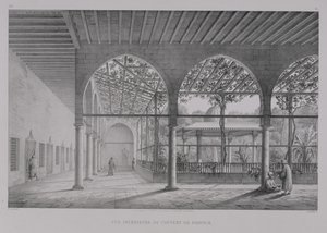 Pohled na interiér dervišského kláštera v Káhiře z knihy "Monuments and Buildings of Cairo", kterou vyryl Emile Edmond Ollivier (1800-64), vydalo nakladatelství Letronne, Paříž, 1829.