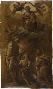 Panna s dítětem ve slávě se svatými Šebestiánem, Janem Evangelistou a Rochem, asi 1610 (olej s grafitem (lakovaný) na krémovém papíře) od Pasquale Ottino