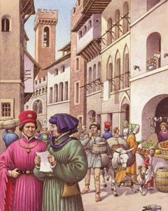 Typická pouliční scéna ve Florencii na počátku 15. století (kvaš na papíře)