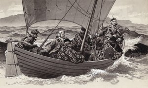 Bonnie Prince Charlie vyráží na ostrov Skye (kvaš na papíře)