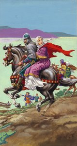 Saská princezna Margaret uniká s rodinou ze spárů Viléma Dobyvatele (kvaš na papíře)