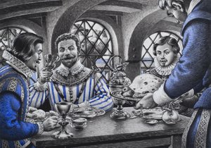 Sir Francis Drake (1540-96) u stolu (kvaš na papíře)