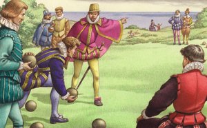 Sir Francis Drake hrající kuželky před příchodem španělské armády (kvaš na papíře)