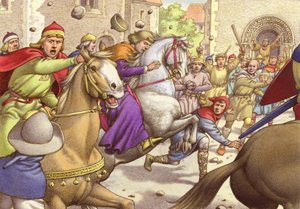Obyvatelé Akvitánie kamenují krále Jindřicha za jeho brutalitu (kvaš na papíře)