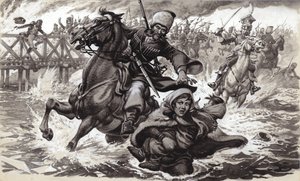 Kozácký voják se snaží zastavit Aimee Ladoinski při přechodu řeky Bereziny (kvaš na papíře)
