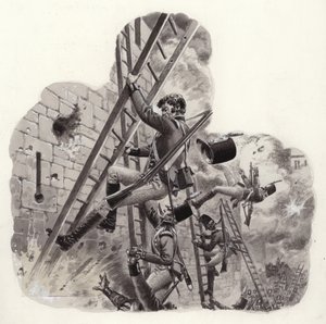 Britští vojáci pod palbou Francouzů při útoku na Badajoz (kvaš na papíře) od Pat (1907 95) Nicolle