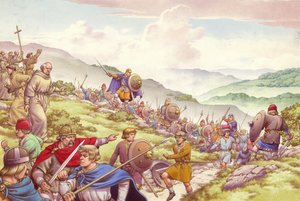 Král Aethelfrith posílá vojáky, aby pobili dvanáct set mnichů (kvaš na papíře)