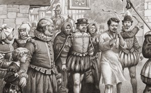 Francouzský král Jindřich III. činí pokání tím, že se prochází po pařížských ulicích v košili a je bičován (kvaš na papíře)