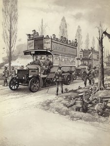 Londýnské autobusy, které během 1. světové války vozily vojáky na frontu (kvaš na papíře)