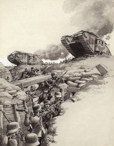 Tanky se valí přes německé zákopy během Velké války (kvaš na papíře)
