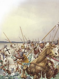 Teutonští rytíři se propadají ledem zamrzlého jezera Peipus (kvaš na papíře)