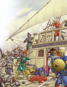 Rytíři svatého Jana se zmocnili nejlepší turecké galeony Sultana (kvaš na papíře)