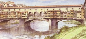Ponte Vecchio v podobě ze 70. let 20. století (kvaš na papíře)