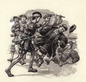 William Herbert útočí na nevinného kolemjdoucího v Bristolu (kvaš na papíře) od Pat (1907 95) Nicolle