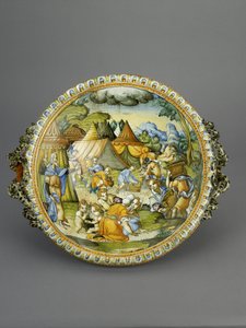Pánev se shromážděním Manny, pravděpodobně Urbino, kolem 1600-20 (maiolica) od Patanazzi Workshop