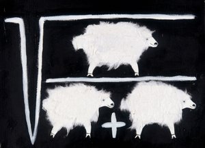 Klonování: Matematický symbol znázorňující výpočet druhé odmocniny, dělení a sčítání s použitím ovce jako pokusného králíka. Bílá bavlněná koláž na černém pozadí.