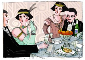 Ilustrace zobrazující světskou večeři v knize "Gatsby Velkolepý" amerického spisovatele Francise Scotta Fitzgeralda (1896-1940) (Velký Gatsby) Kresba Patrizia Laporta