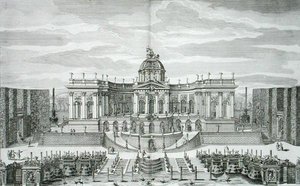 Velká jeskyně a fontánová zahrada v Princely Pleasure Palace and Gardens, Berlín, rytina Johanna Augusta Corvina (1683-1738), publikováno kolem 1711-16 (rytina)