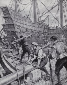 Budova anglické galeony Ark Royal, vlajkové lodi v boji proti španělské armádě v roce 1588 (litho)