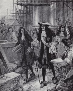 Král Karel II. dohlíží na přestavbu katedrály svatého Pavla po velkém požáru Londýna
