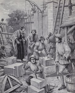 Král Jindřich VI. dohlíží na budovu Eton College, kterou založil v roce 1440 (litho)