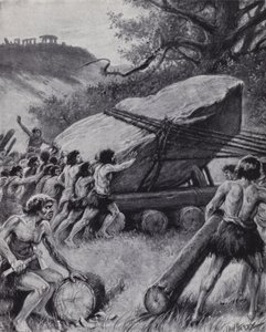 Paleolitičtí muži pohybující obří desku skály na kolech (litho)
