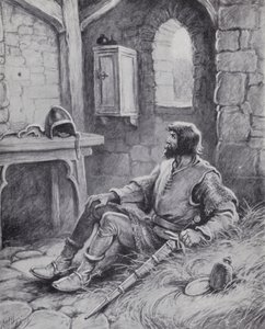 Robert the Bruce s pavoukem, který ho inspiroval, aby se znovu pokusil porazit Angličany (litho)