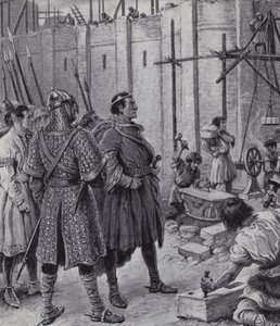 Vilém Dobyvatel dohlíží na budovu Tower of London (litho)