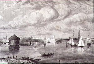 New York Harbor v 60. letech 19. století (rytina) od Paul (after) Huet