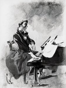Skladatel a pianista Frederic Chopin hrající na klavír, od Alberta Besnarda (1849-1934), akvarel od Paul Albert Besnard