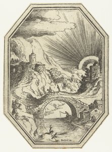 Krajina s kamenným mostem v osmihranném rámu Osmihranné krajiny (název série) od Paul Bril
