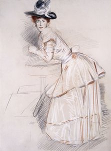 Portrét madame Helleu opírající se o stůl, od Paul Cesar Helleu
