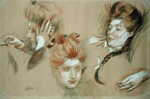 Studie žen (červená a černá křída zvýrazněná bílou na papíře) od Paul Cesar Helleu