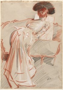 Žena (pravděpodobně paní Alice Hellu), která se dívá na kresbu, asi 1895 (černá, červená a bílá křída) od Paul Cesar Helleu