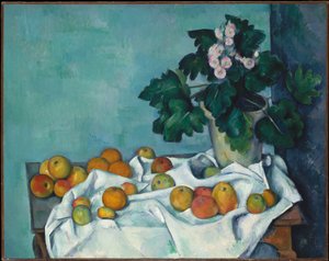 Zátiší s jablky a květináčem prvosenek od Paul Cézanne