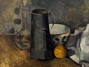 Zátiší s karafou, plechovkou od mléka, miskou a pomerančem od Paul Cézanne